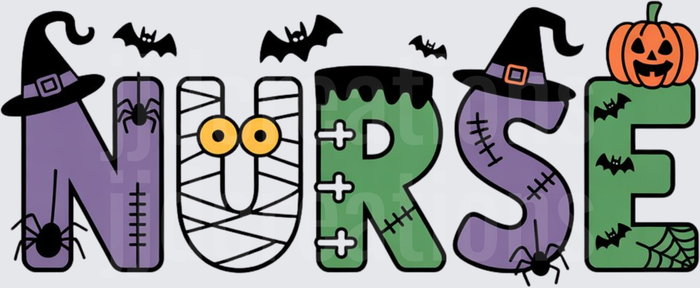 Halloween NURSE Letters with Witch Hats Spiders and Pumpkin