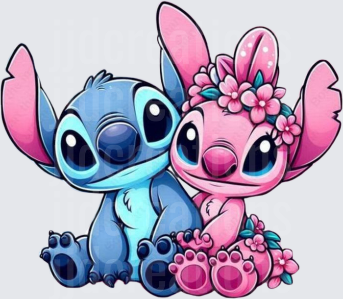 Stitch and Angel Cute Couple with Pink Flowers