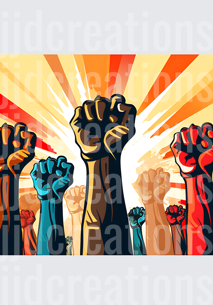Unity Fists Raised in Solidarity with Sunburst Background