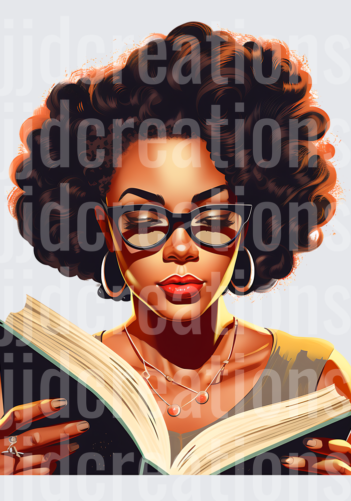 Stylish African American Woman Reading Book with Natural Curls and Glasses