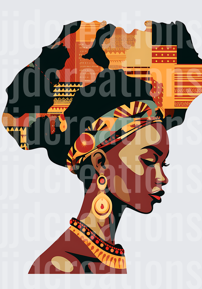African Woman Silhouette with Colorful Tribal Patterns and Continent Map Hair