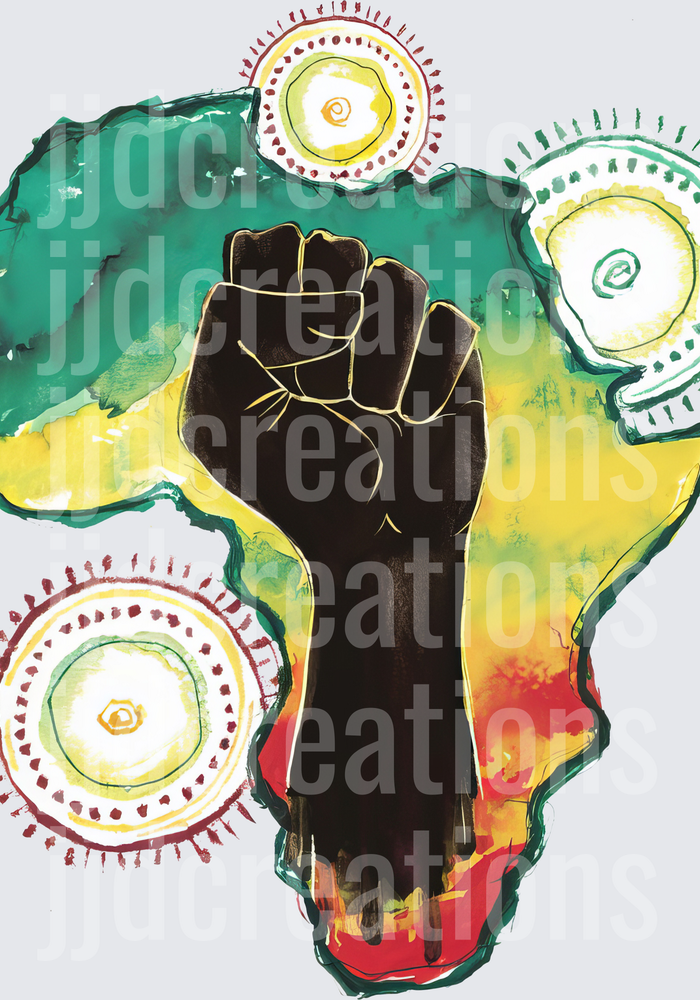 Black Power Fist Over African Continent with Tribal Sun Elements
