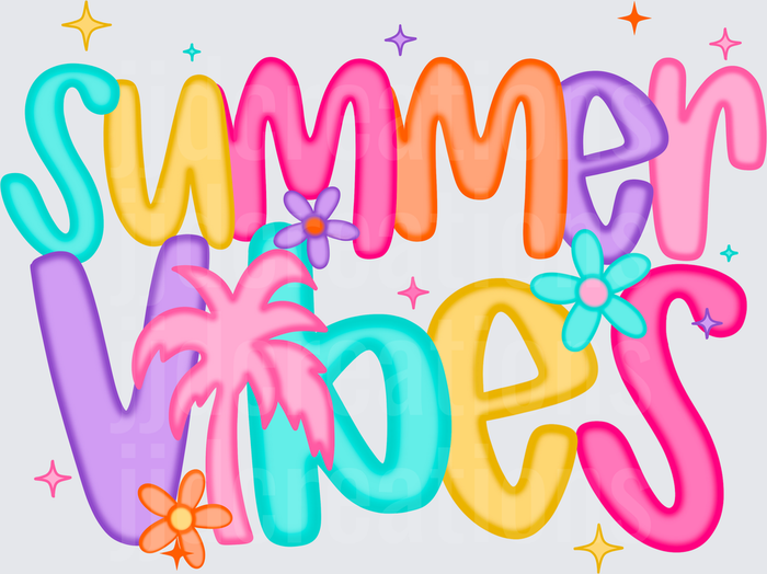 Summer Vibes 3D Bubble Letters with Tropical Flowers and Stars