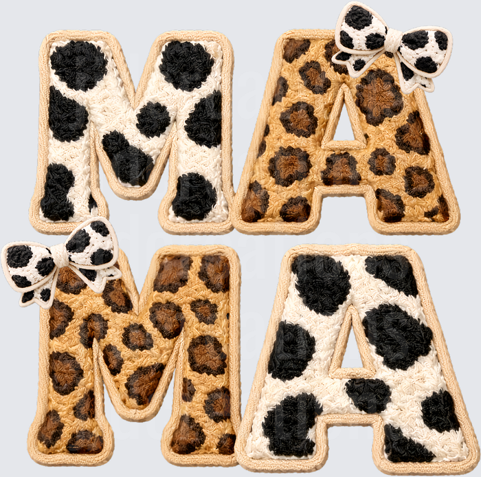MAMA Crochet Style Letters with Cow and Leopard Print Patterns