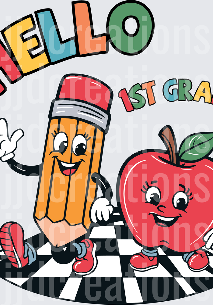 Hello 1st Grade Cartoon Pencil and Apple Characters