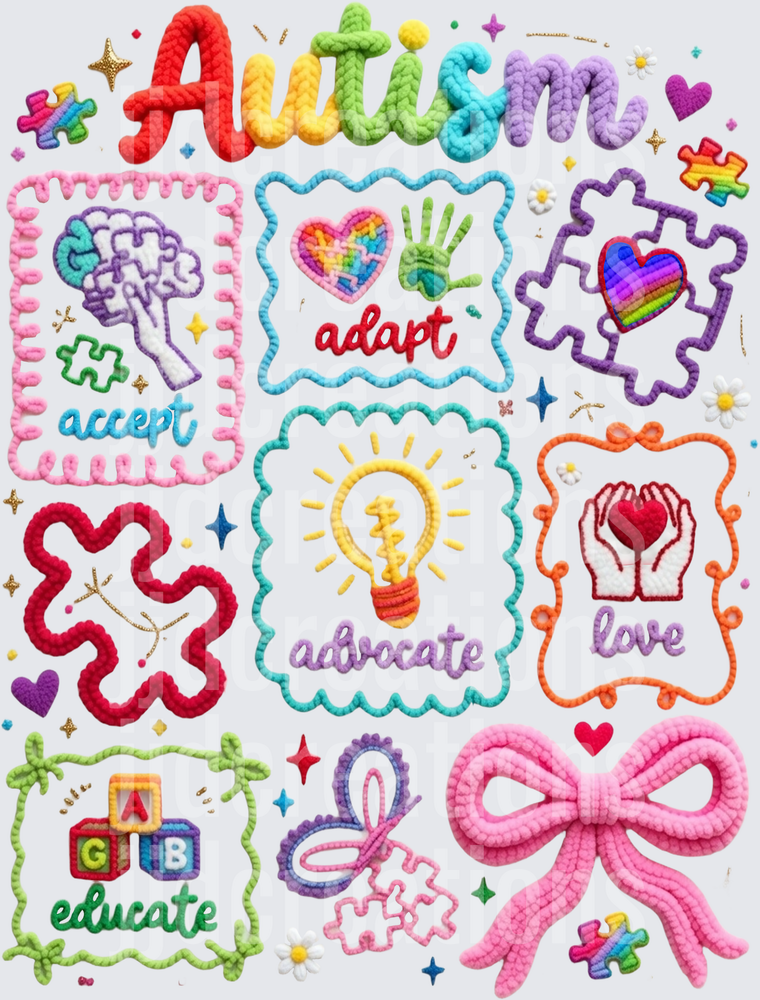 Autism Awareness Rainbow Word Art with Accept Adapt Advocate Educate Love Messages