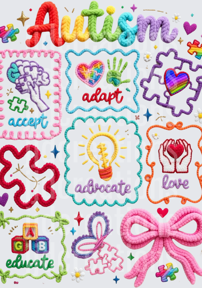 Autism Awareness Rainbow Word Art with Accept Adapt Advocate Educate Love Messages