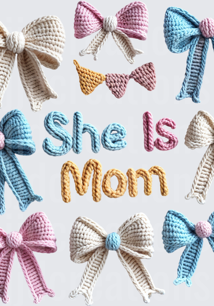 Crochet Style Bows with She Is Mom Text