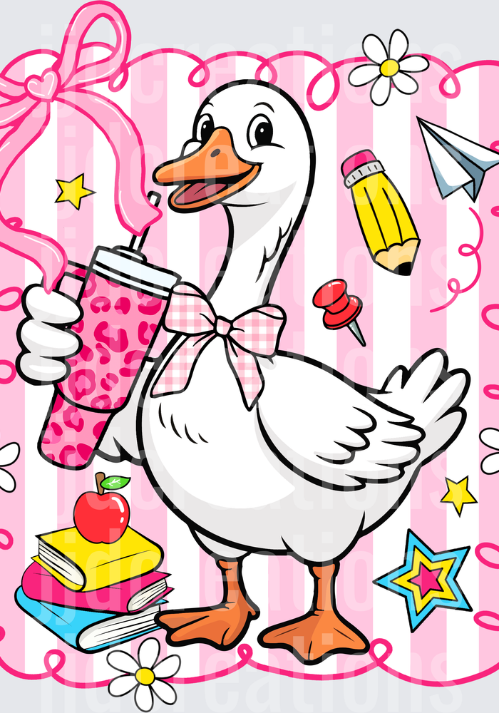 Cute White Duck Teacher with Pink Stanley Cup and School Supplies