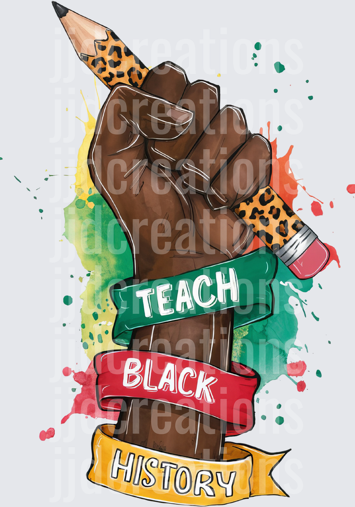 Teach Black History Fist with Leopard Print Pencil Design