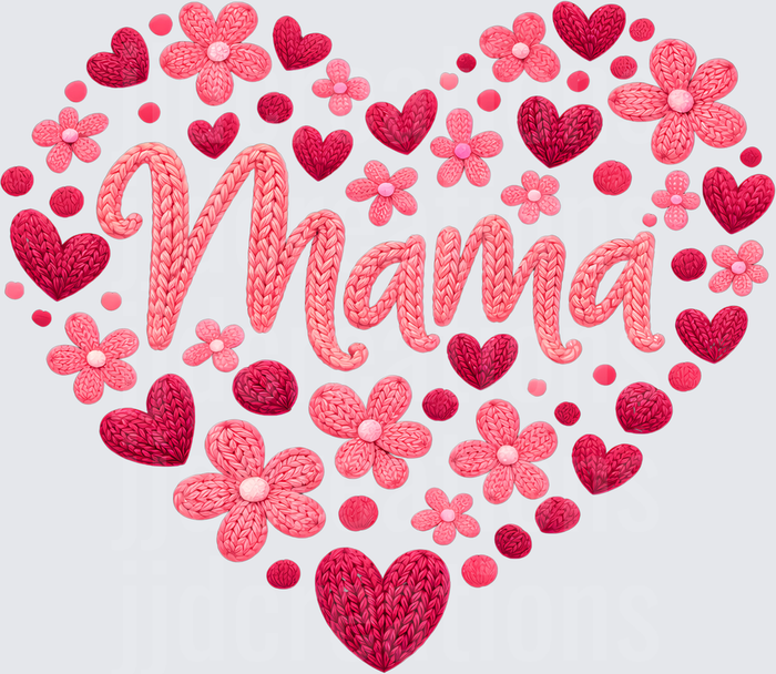 Mama Script with Knitted Hearts and Flowers Design