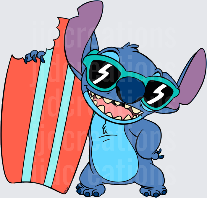 Stitch with Sunglasses Holding Surfboard Summer Beach Vibes