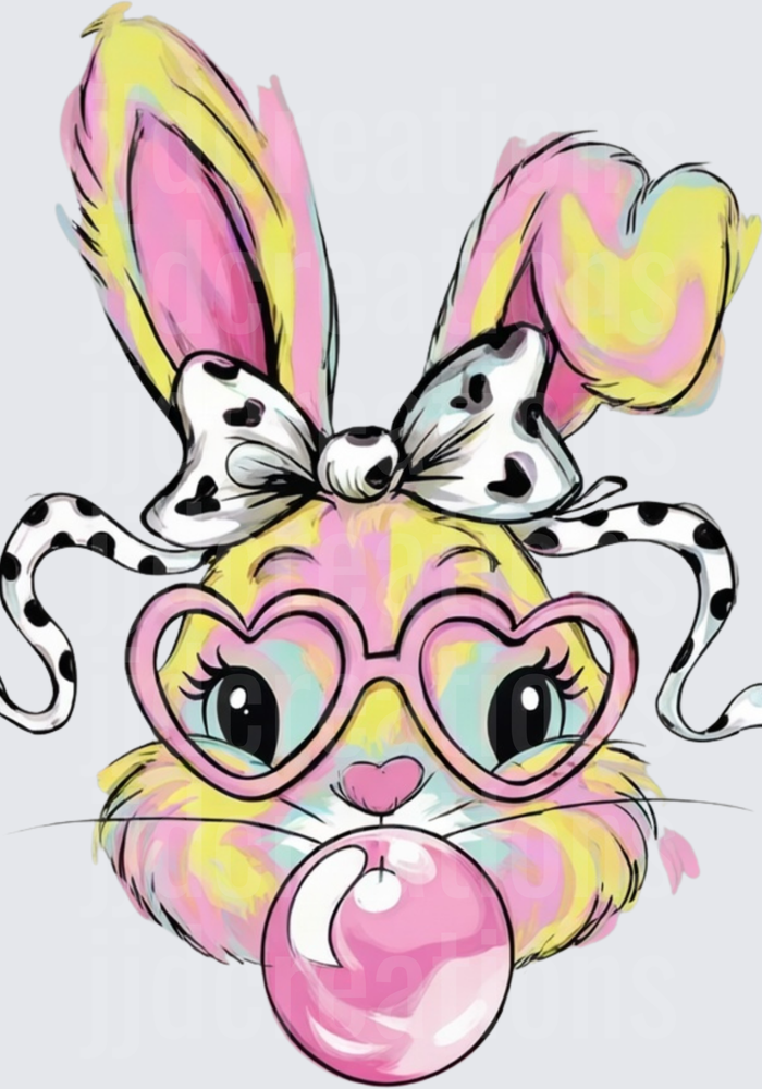 Tie Dye Bunny with Heart Glasses Blowing Pink Bubblegum