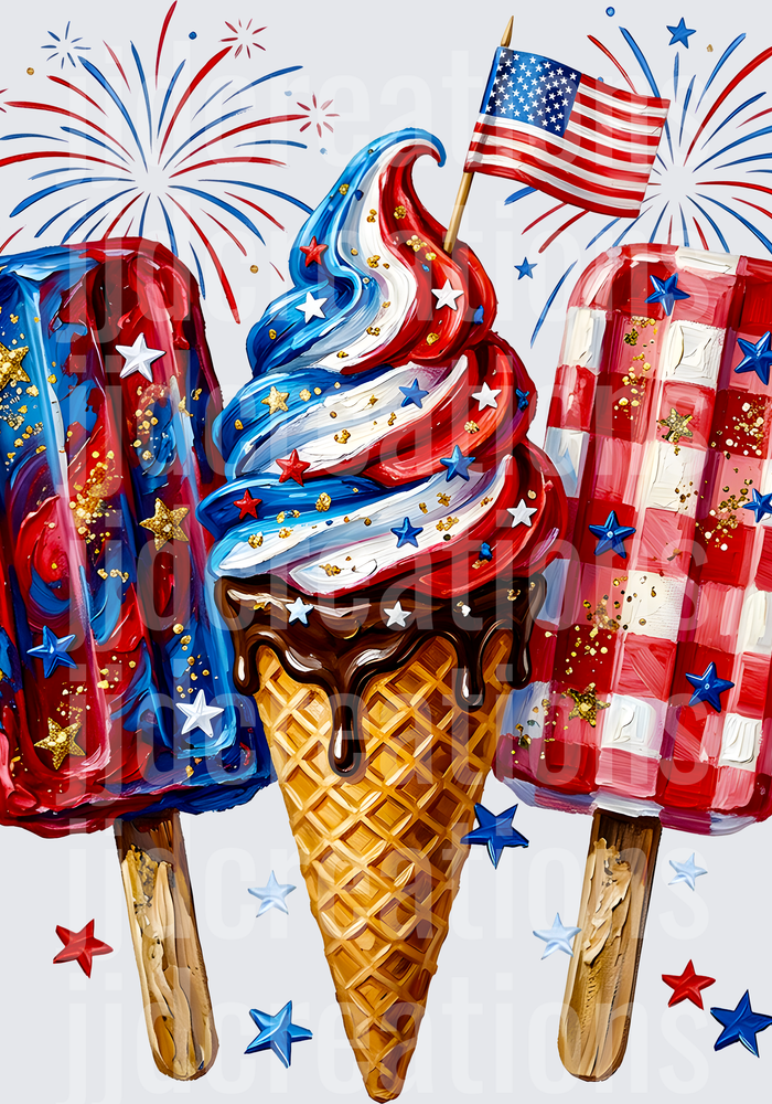 Patriotic Ice Cream and Popsicles with American Flag Fireworks
