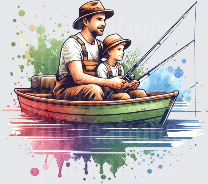 Father and Son Fishing Adventure Watercolor Illustration