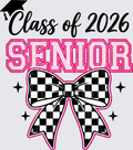 Class of 2026 Senior Black and White Checkered Bow with Pink Outline