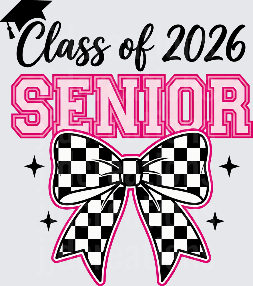 Class of 2026 Senior Black and White Checkered Bow with Pink Outline