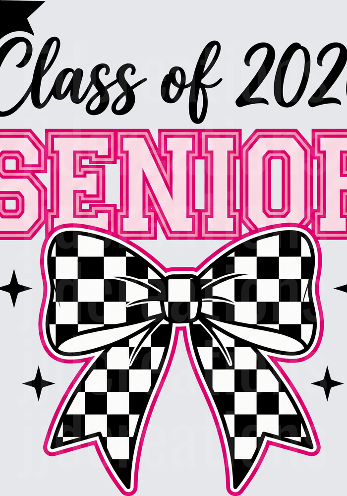 Class of 2026 Senior Black and White Checkered Bow with Pink Outline
