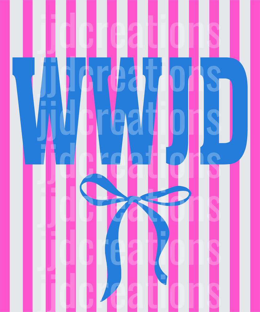 WWJD What Would Jesus Do Blue Letters Pink White Stripes Bow