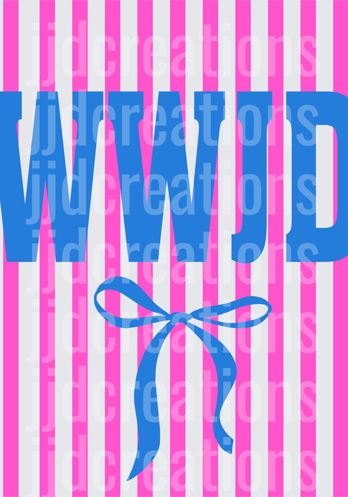 WWJD What Would Jesus Do Blue Letters Pink White Stripes Bow
