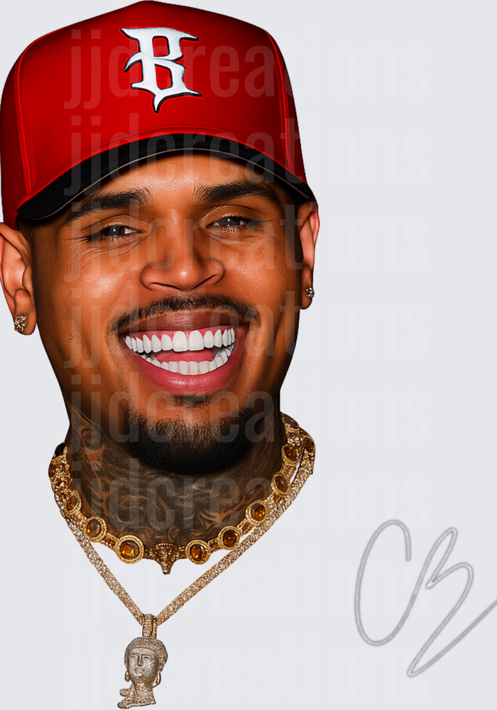 Chris Brown Smiling Portrait with Gold Chain and Red Baseball Cap