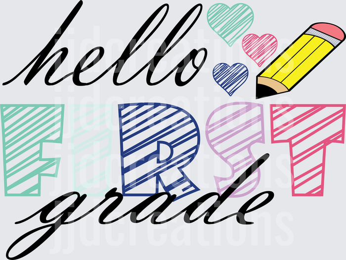 Hello First Grade School Pencil Hearts Design