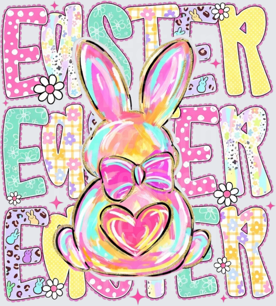 Easter Bunny with Bow Tie and Heart Colorful Patchwork Letters