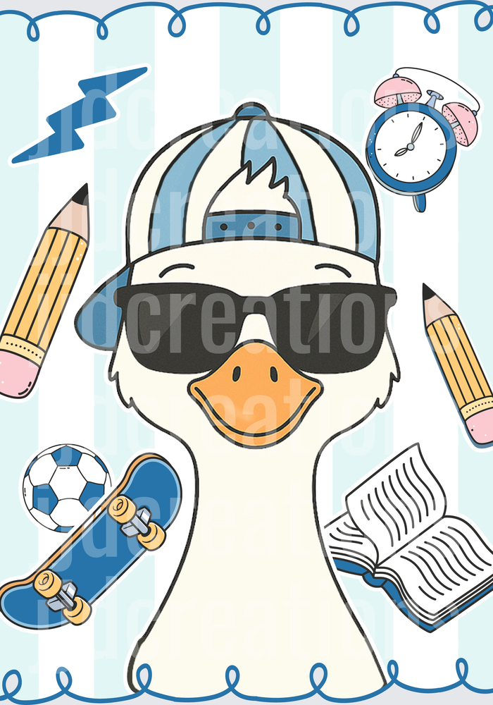 Cool Duck in Sunglasses and Baseball Cap with School Items