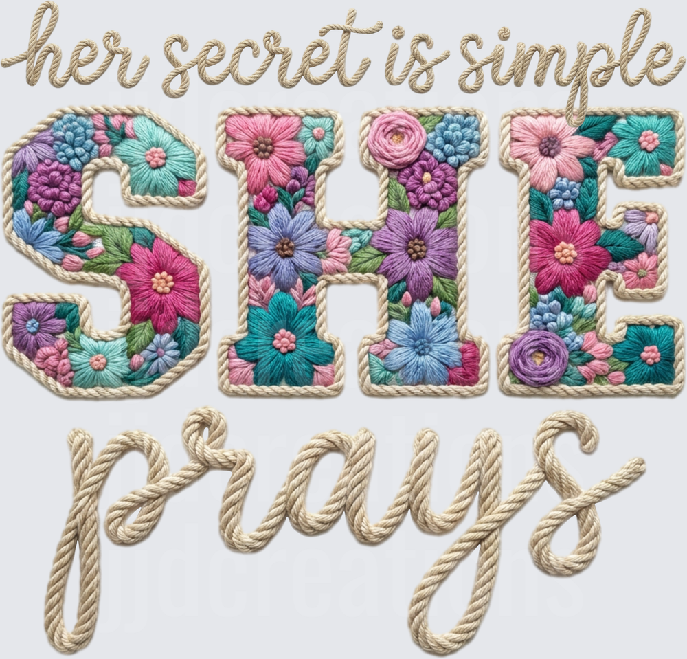 Her Secret Is Simple She Prays Floral Embroidered Typography