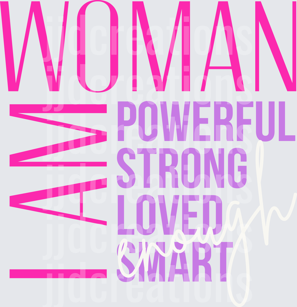 WOMAN Powerful Strong Loved Smart Pink Purple Gradient Typography