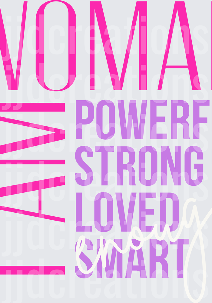 WOMAN Powerful Strong Loved Smart Pink Purple Gradient Typography