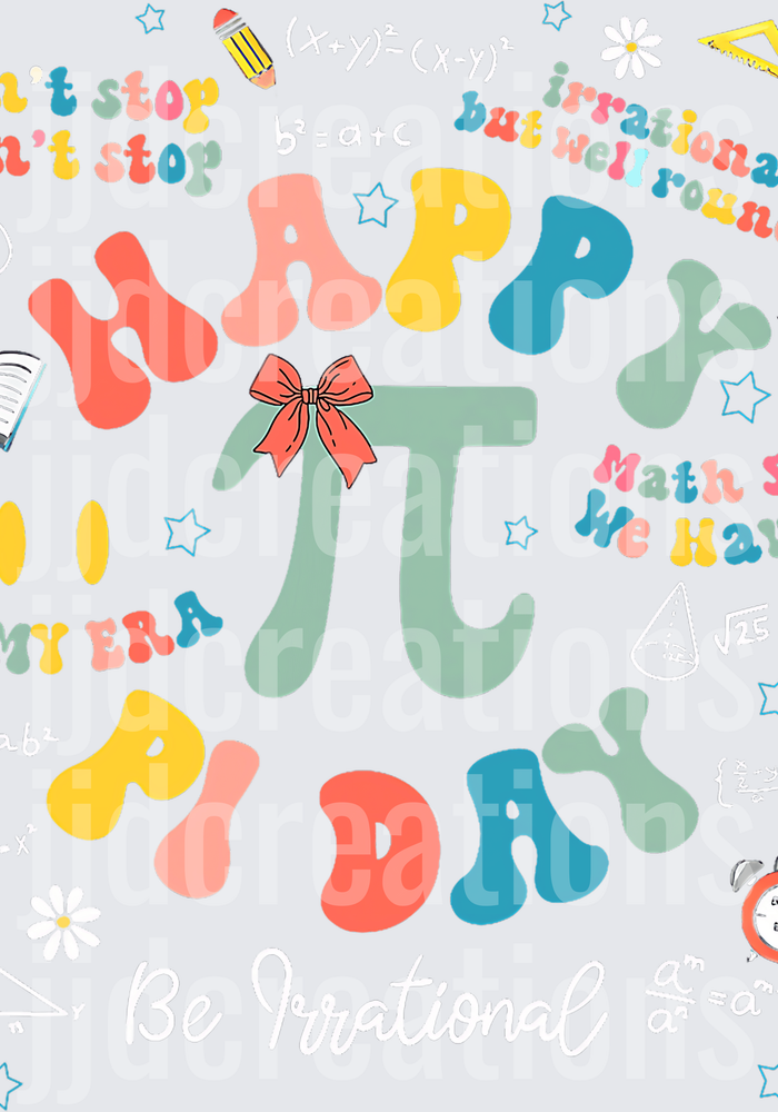 Happy Pi Day Mathematical Celebration with Colorful Text and School Elements