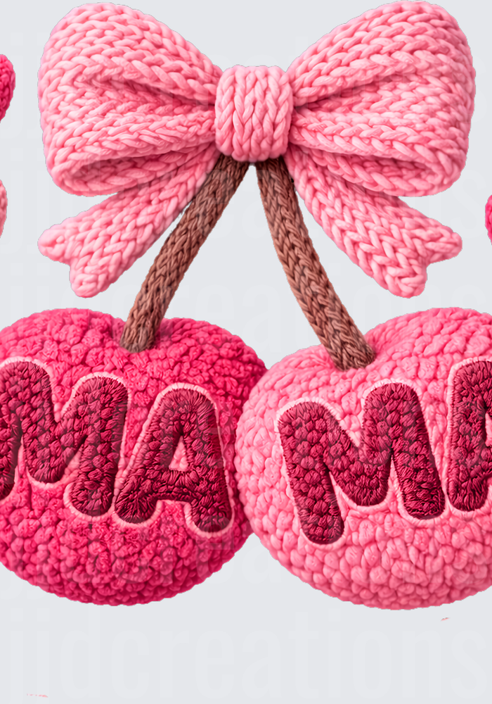 Knitted Pink Cherries with Mama Embroidery and Hearts