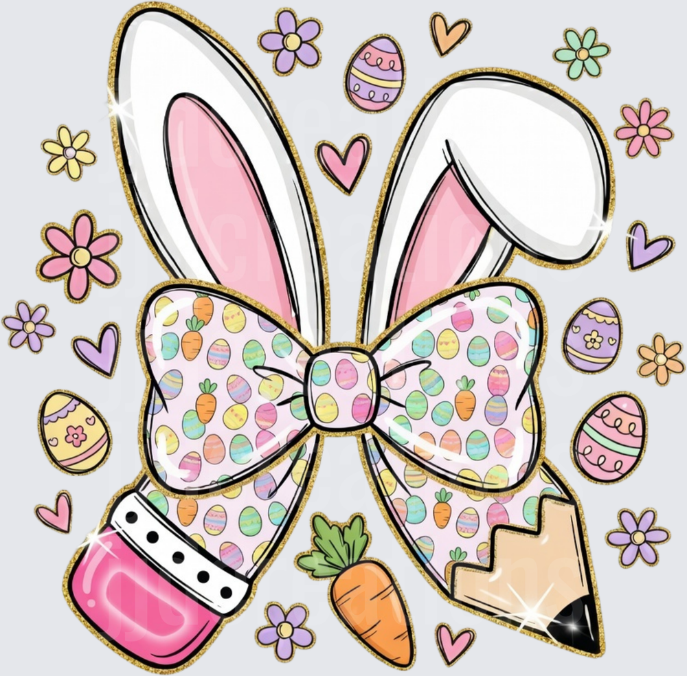 Easter Bunny Ears with Colorful Bow and Spring Elements