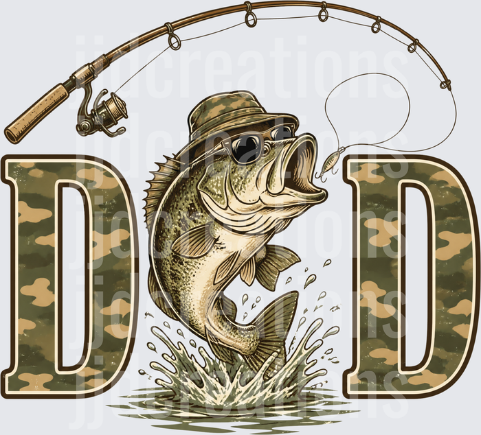 Dad Fishing Bass with Sunglasses Hat and Camouflage Letters