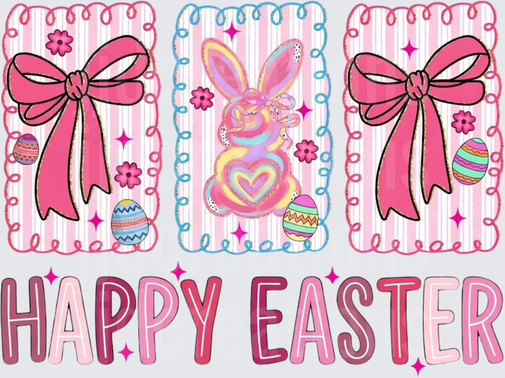 Happy Easter Rainbow Bunny Bows and Decorated Eggs Design