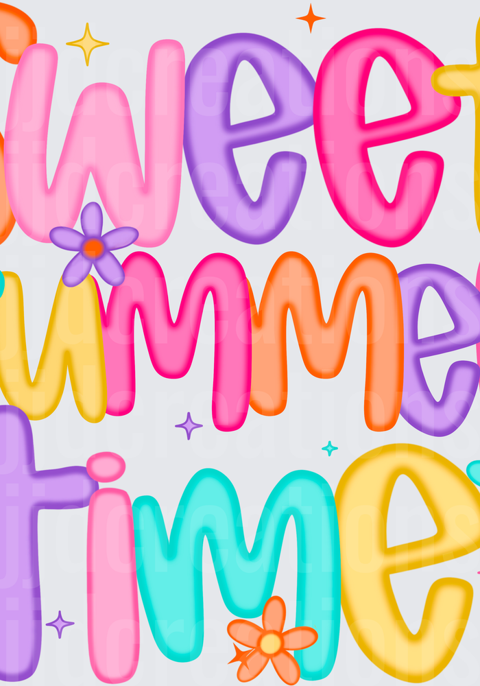 Sweet Summer Time Colorful Bubble Letters with Flowers and Stars