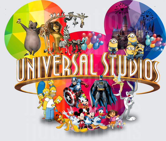 Universal Studios Characters Collage with Madagascar Penguins Simpsons Mickey Mouse Batman Captain America Minions Bugs Bunny Dora