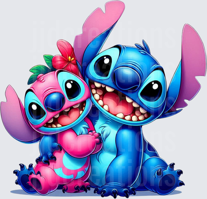 Stitch and Angel Hugging with Tropical Flower