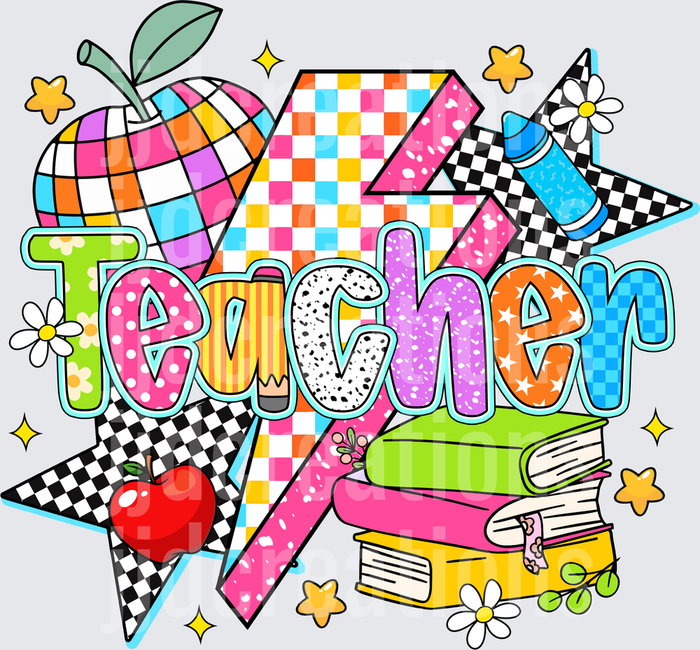 Colorful Teacher School Supplies Apple Books Pencil Design