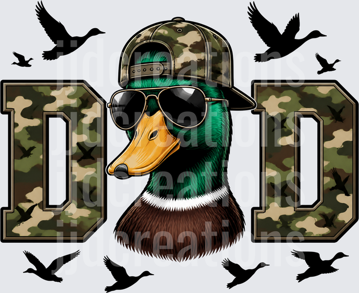 Cool Duck Dad with Sunglasses and Camo Hat Flying Geese