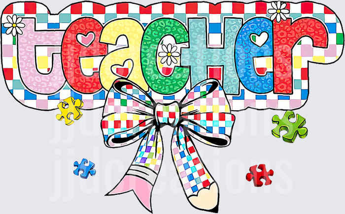 Colorful Teacher Text with Checkered Bow and Puzzle Pieces