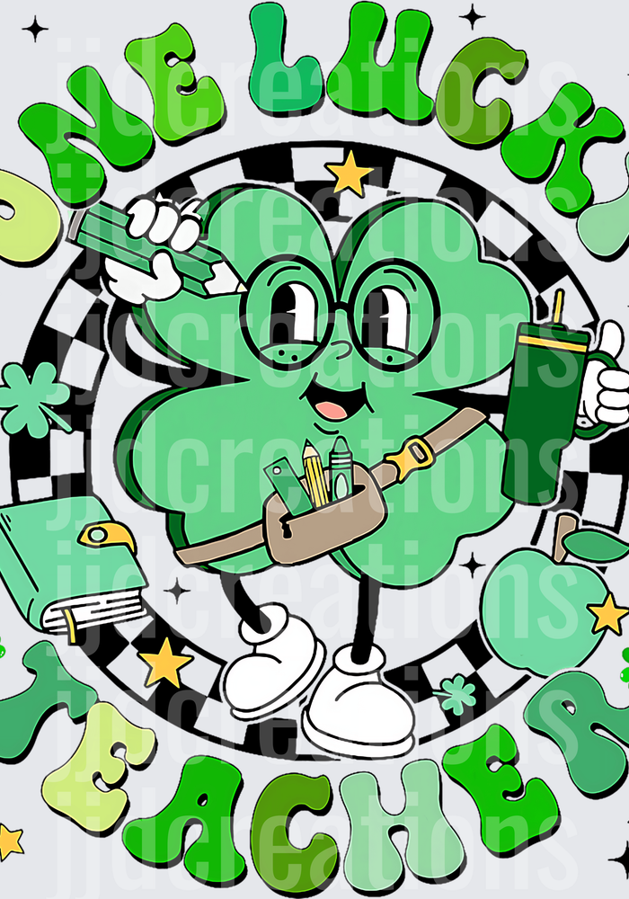 One Lucky Teacher Shamrock Character with School Supplies