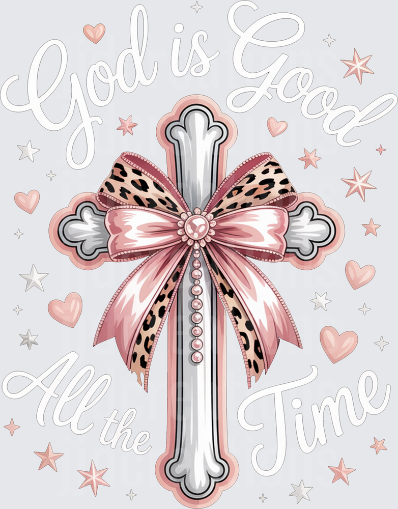 God is Great All the Time Cross with Pink Leopard Bow