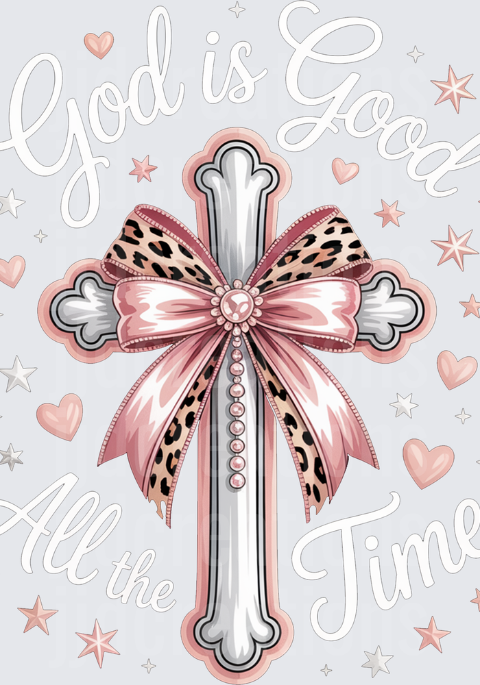 God is Great All the Time Cross with Pink Leopard Bow