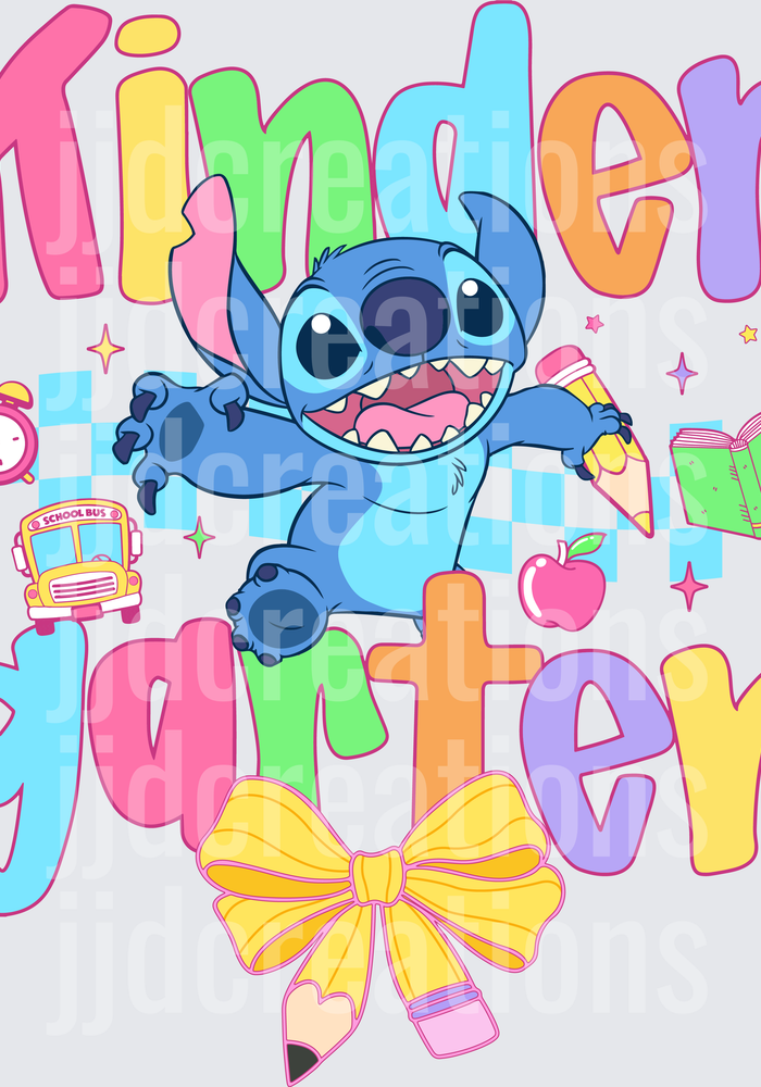 Kindergarten Stitch with School Supplies and Yellow Bow