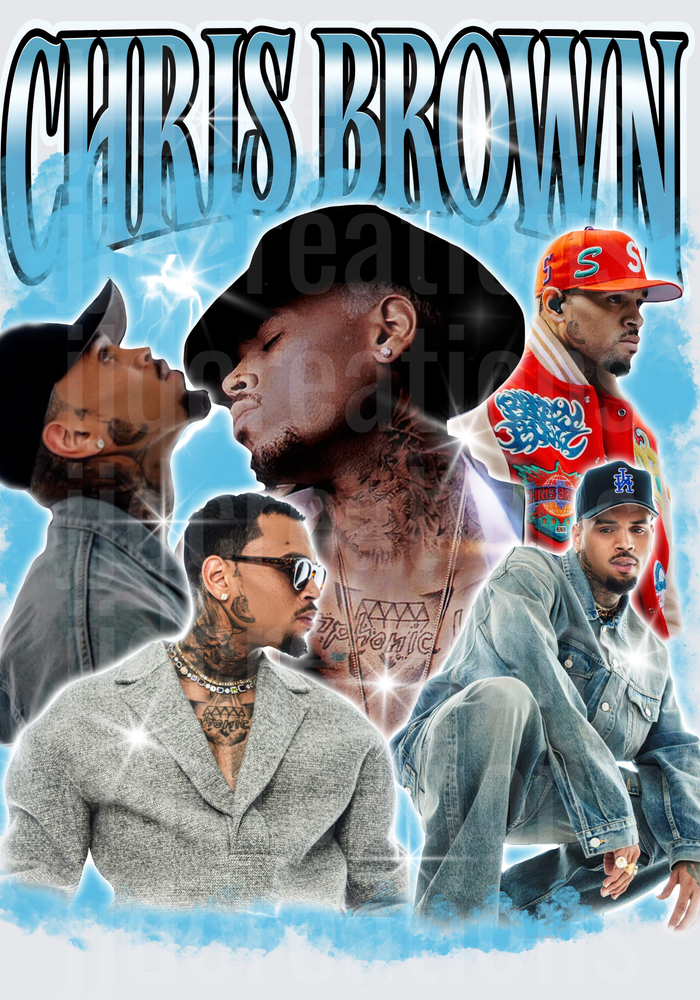 Chris Brown Music Artist Portrait Collage with Blue Background