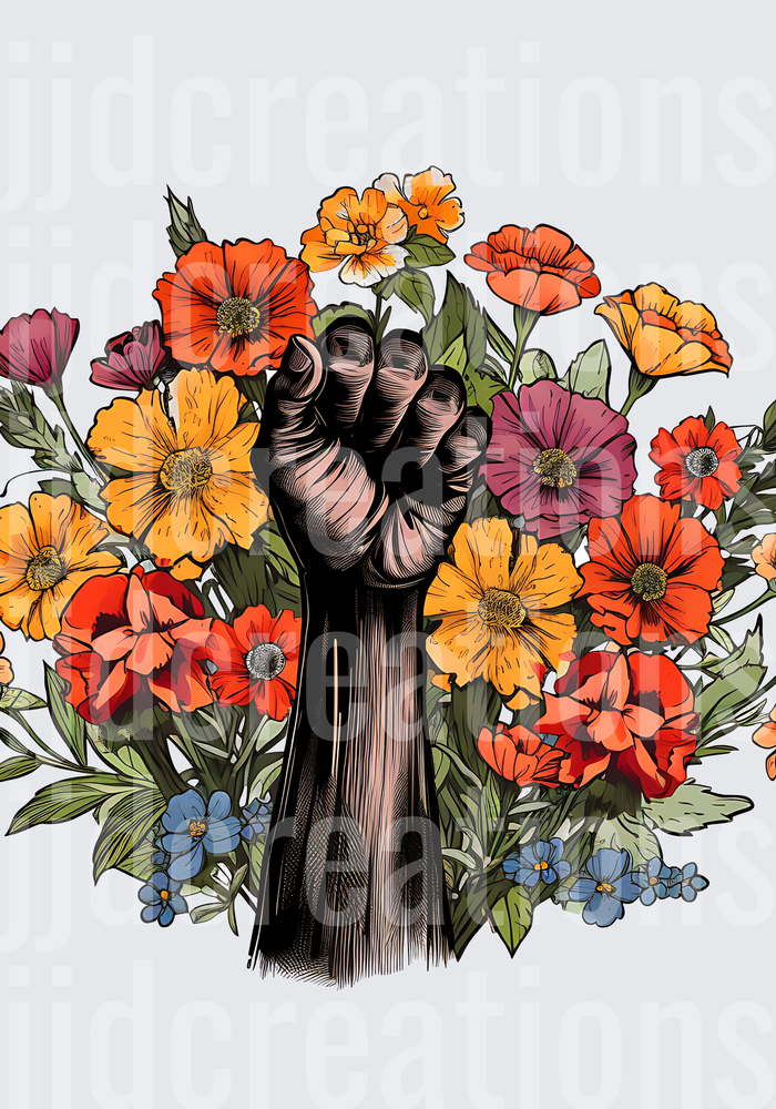 Raised Fist Surrounded by Colorful Wildflowers and Foliage