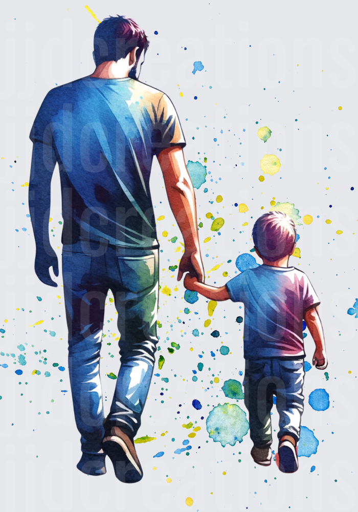 Father and Son Walking Hand in Hand Watercolor Design
