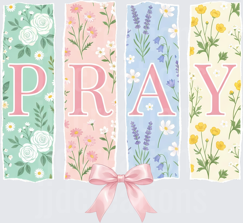 PRAY Floral Watercolor Letters with Pink Ribbon